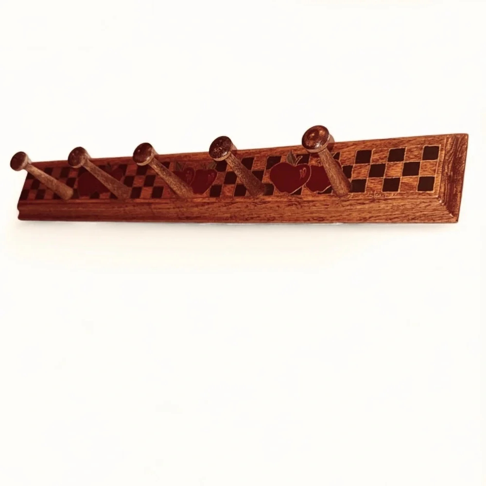 Vintage Wooden Wall Coat Rack Hand Painted Apple Checker Farmhouse Cottagecore